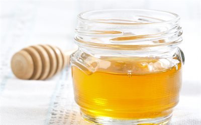 miele, dolci, barattolo di miele, bastone di legno per il miele, vaso di vetro