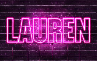 Lauren, 4k, wallpapers with names, female names, Lauren name, purple neon lights, horizontal text, picture with Lauren name
