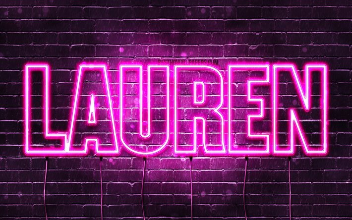 Lauren, 4k, fondos de pantalla con los nombres, los nombres femeninos, Lauren nombre, p&#250;rpura luces de ne&#243;n, el texto horizontal, imagen con el nombre de Lauren