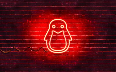 linux-red logo, 4k, red brickwall -, linux-logo, kreativ, linux neon logo, linux