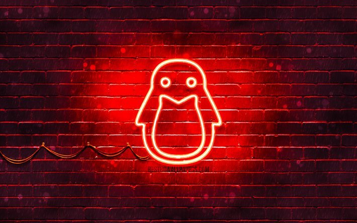 Linux logo vermelho, 4k, vermelho brickwall, Linux logotipo, criativo, Linux neon logotipo, Linux
