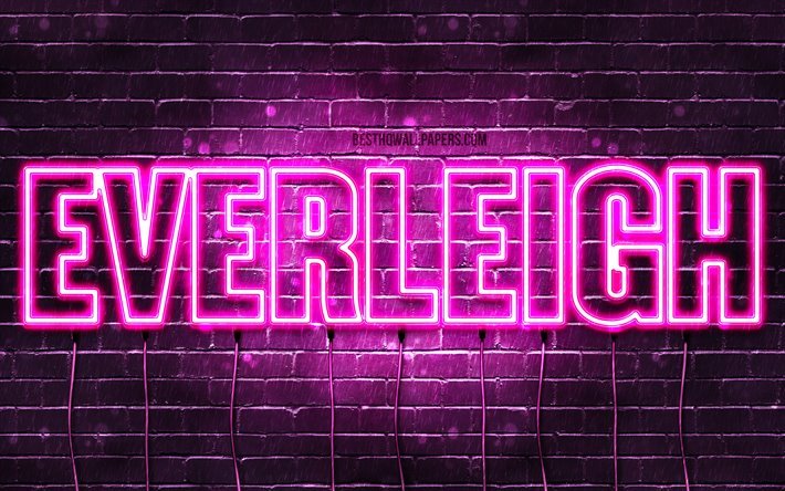 Everleigh, 4k, wallpapers with names, female names, Everleigh name, purple neon lights, horizontal text, picture with Everleigh name