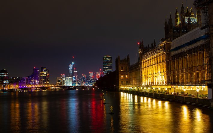 London, Palace of Westminster, night, evening, city lights, Thames river, England, cityscape, UK