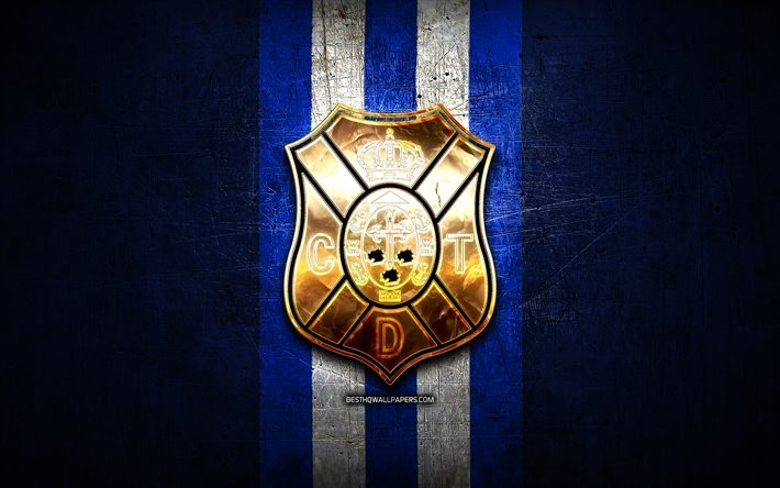 teneriffa fc, golden logo, la liga 2, blau metall-hintergrund, fu&#223;ball, cd teneriffa, der spanischen fu&#223;ball-club, teneriffa logo, bundesliga, laliga 2, spanien