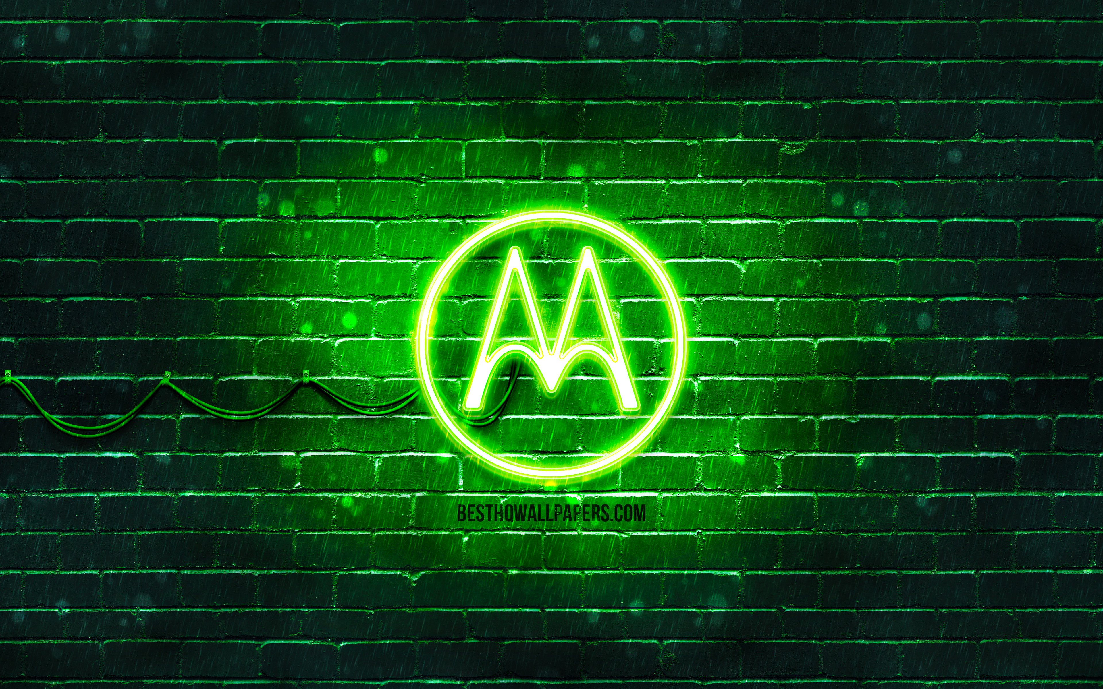 Descargar fondos de pantalla El logotipo de Motorola es de color verde, 4k,  verde, pared de ladrillo, el logo de Motorola, las marcas, logo, neón,  Motorola monitor con una resolución 3840x2400. Imagenes