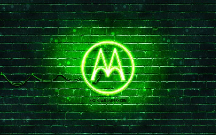 Motorola green logo, 4k, green brickwall, Motorola logo, brands, Motorola neon logo, Motorola