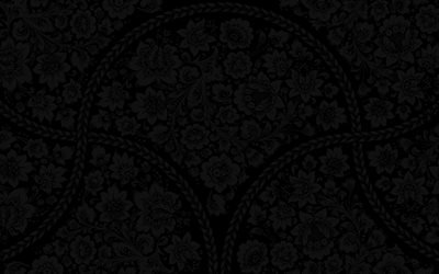 arri&#232;re-plan avec des fleurs, damass&#233; noir mod&#232;le, vintage, motif floral, noir vintage de fond, des motifs floraux noir retro origines, fond noir, floral vintage de motif, arri&#232;re-plans vintage