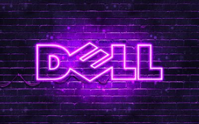 Dell violet logo, 4k, mor brickwall, Dell logosu, marka, neon, Dell