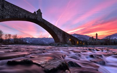 Bobbio, stone bridge, evening, sunset, mountain landscape, Italy, Emilia Romagna