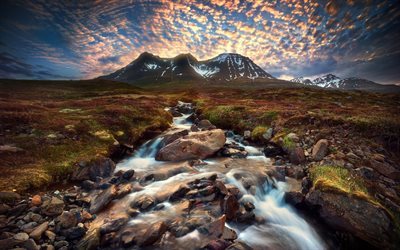 ruisseau de montagne, rivi&#232;re, rochers, montagnes, montagne, paysage, coucher de soleil