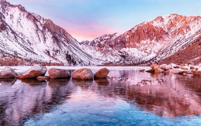 冬, 冷凍湖, 夕日, 山々, 山湖