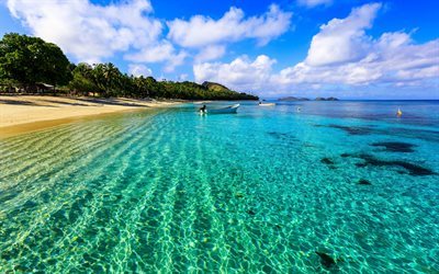 tropical island, ocean, beach, palm trees, summer vacation, boats