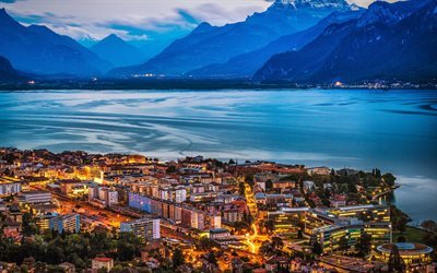 Gen&#232;ve, montagne, lac, ville de soir&#233;e, Suisse