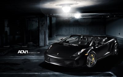 Lamborghini Gallardo Spyder, de nuit, parking, supercars, ADV1, tuning, noir Gallardo, Lamborghini