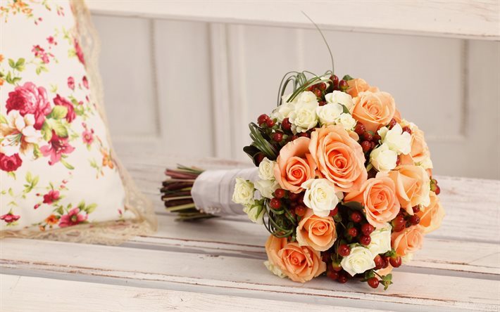 roses, bouquet de mariage, roses orange, rose, bouquet, bouquet de la mari&#233;e