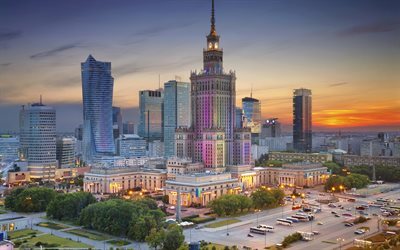 Varsovie, coucher de soleil, panorama, gratte-ciel, HDR, Pologne