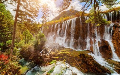 vattenfall, berg, skogen, Jiuzhaigou Park, Vattenfall, Kina