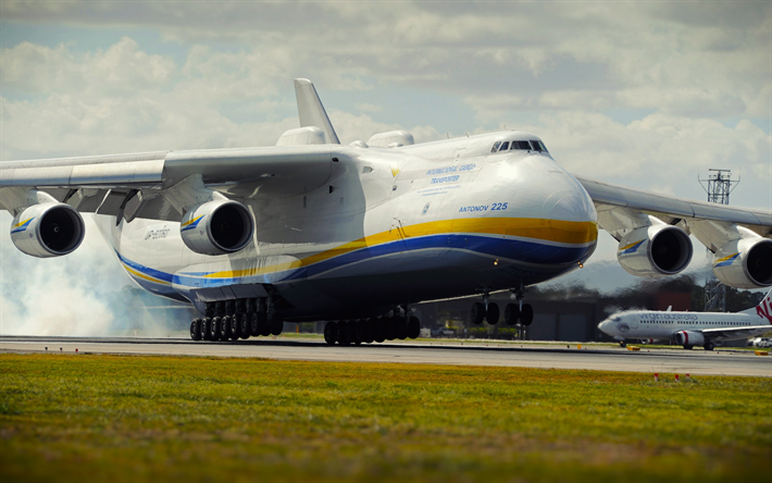 antonov an-225 mriya, an-225, kosaken, strategischen airlifter, landung, ukrainisch flugzeug, luftfracht, ukraine, flughafen, landung an225