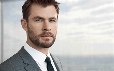 Chris Hemsworth, photoshoot, Australian actor, 4k, portrait, man in gray suit