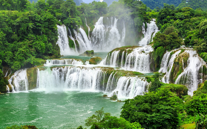 cachoeira na montanha, floresta, terras altas, China, &#225;rvores verdes, natureza, lago