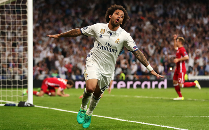 Marcelo, 4k, futbol yıldızları, gol, Real Madrid, futbol, Marcelo Vieira, UEFA Şampiyonlar Ligi, futbolcular