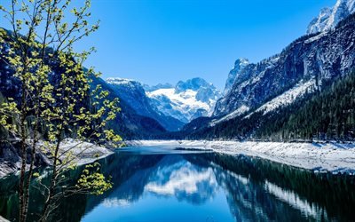 mountain lake, spring, mountains, snow-capped peaks, clear day, spring landscape