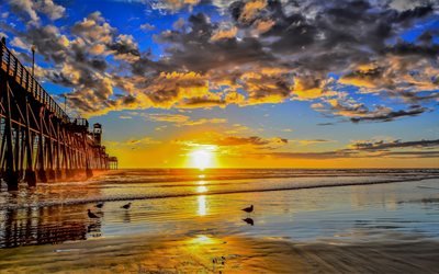 sunset, ocean, beach, wooden pier, California, USA