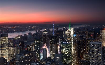 Manhattan, New York, sunset, kaupunkimaisemat, pilvenpiirt&#228;ji&#228;, USA, Amerikassa