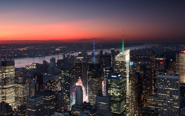 مانهاتن, نيويورك, غروب الشمس, مناظر المدينة, ناطحات السحاب, الولايات المتحدة الأمريكية, أمريكا