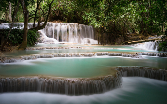 tropisk skog, Thailand, vattenfall, cascades, sj&#246;n