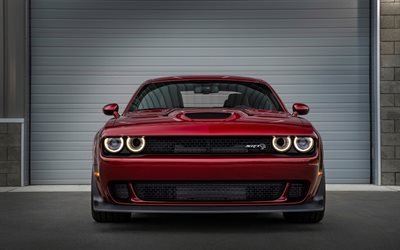 Dodge Challenger SRT Hellcat, front view, 2018 cars, supercars, motion blur, maroon Challenger, tuning, Dodge