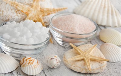 spa salt, starfish, seashells, spa accessories, wellness spa concepts, 4k