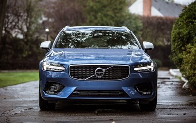 Volvo V90, 2018, vista de frente, 4k, azul V90, sueco, los coches, sesi&#243;n de fotos, Volvo