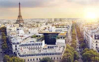 Paris, soir&#233;e, paysage urbain, 4k, la France, la Tour Eiffel, les rues de paris