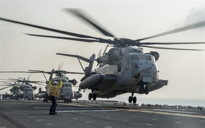 Sikorsky CH-53E Super Stallion, American military helicopter, aircraft carrier deck, US Navy, deck helicopter, USA, Sikorsky