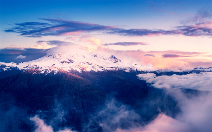 Mount Baker, 4k, tramonto, montagne, Seattle, USA, America
