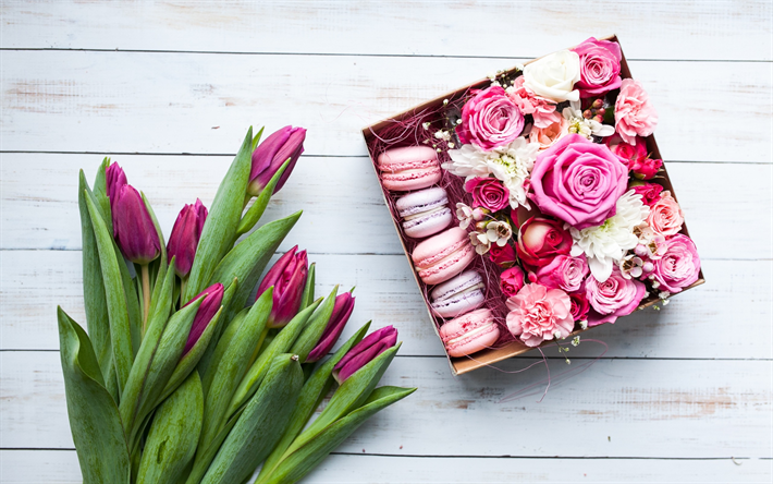 Lila tulpaner, 8 mars, g&#229;va, grattis, macaroons, rosa rosor, v&#229;ren semester