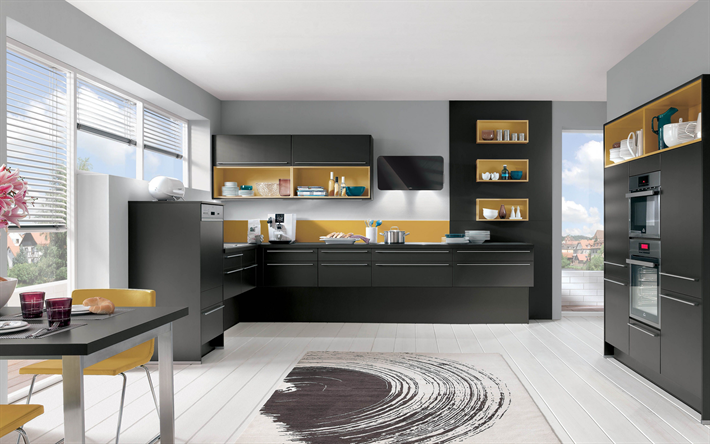 現代のキッチンデザイン, スタイリッシュな近代的な内装, 黒色インキッチン家具, 黒キッチン, スタイリッシュデザイン