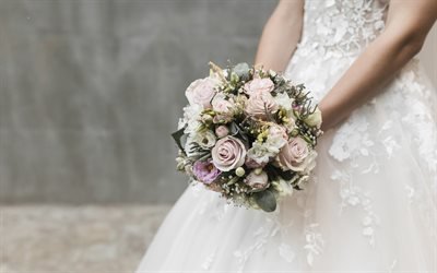 wedding bouquet, bride, roses, white dress, bouquet in hand, wedding concepts, rose bouquet