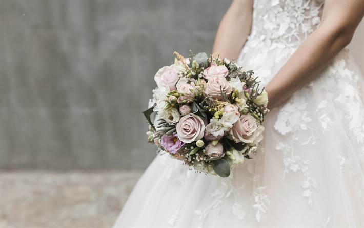 باقة الزفاف, العروس, الورود, فستان أبيض, باقة في اليد, الزفاف المفاهيم, باقة من الورود