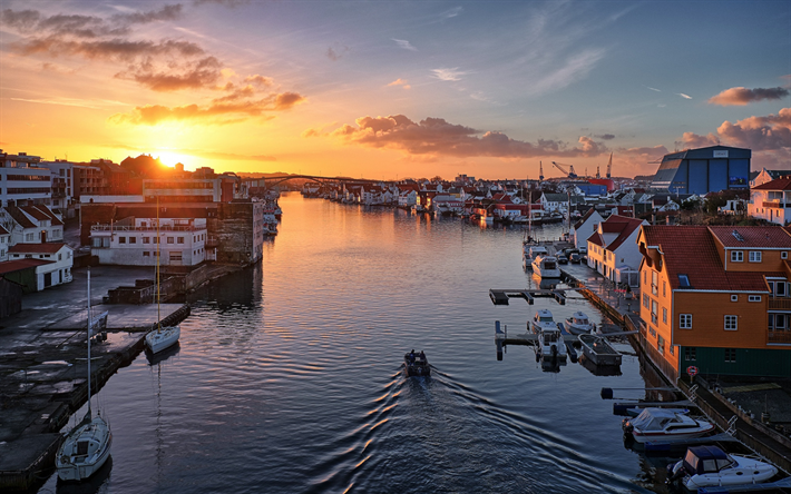 Haugesund, Norwegian city, morning, sunrise, Rogaland, Norway