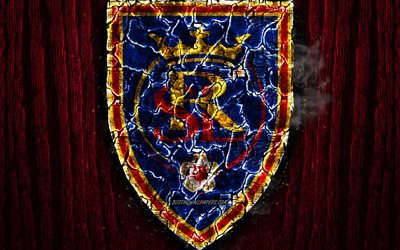 Real Salt Lake FC, scorched logo, MLS, purple wooden background, Western Conference, american football club, grunge, Major League Soccer, football, soccer, Real Salt Lake logo, fire texture, USA