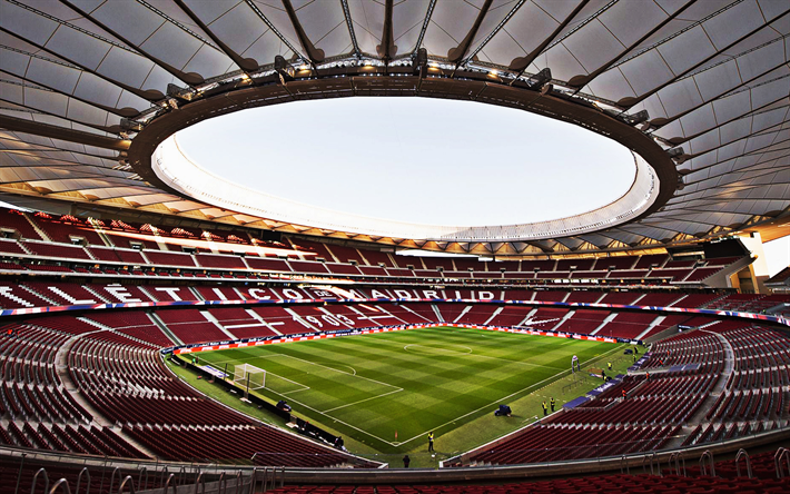 Wanda Metropolitano, red stands, view inside, spanish football stadium, football field, Atletico Madrid Stadium, La Liga, Madrid, Spain, Estadio Metropolitano