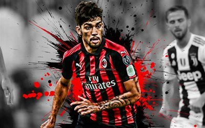 Lucas Paqueta, 4k, Brazilian football player, AC Milan, attacking midfielder, red-black paint splashes, creative art, Serie A, Italy, football, grunge, Paqueta
