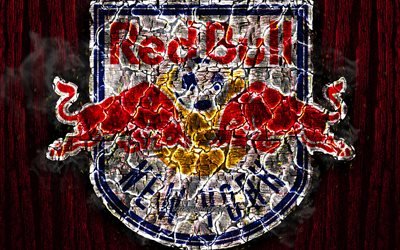New York Red Bulls FC, scorched logo, MLS, purple wooden background, Eastern Conference, american football club, grunge, Major League Soccer, football, soccer, New York Red Bulls  logo, fire texture, USA