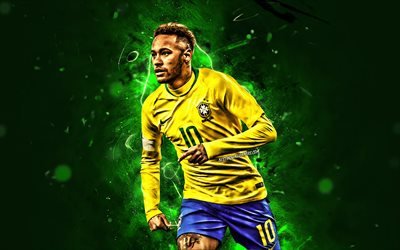 Neymar, a las estrellas del f&#250;tbol, la selecci&#243;n de Brasil, primer plano, fondo verde, Neymar JR, f&#250;tbol, f&#250;tbol de las estrellas, creativo, luces de ne&#243;n, la selecci&#243;n Brasile&#241;a de f&#250;tbol