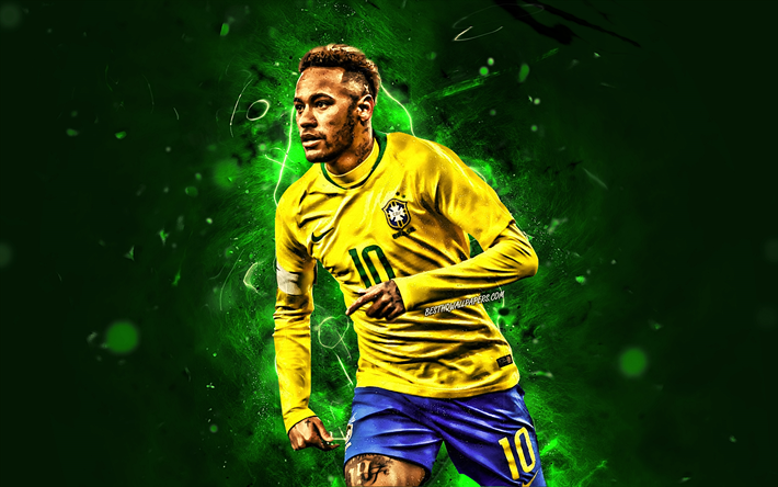 Neymar, estrelas do futebol, A Sele&#231;&#227;o Do Brasil, close-up, fundo verde, Neymar JR, futebol, criativo, luzes de neon, Time de futebol brasileiro