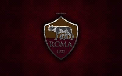 La Roma, club de f&#250;tbol italiano, de metal rojo de textura de metal, logotipo, emblema, Roma, Italia, Serie a, creativo, arte, f&#250;tbol