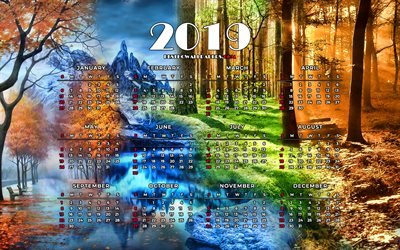 Kalendern 2019, 4 seasons, 2019 &#197;rliga Kalender, kreativa, &#197;r 2019 Kalender, konstverk, 2019 kalendrar, vinter v&#229;r sommar h&#246;st, 2019 kalender, 4 seasons koncept