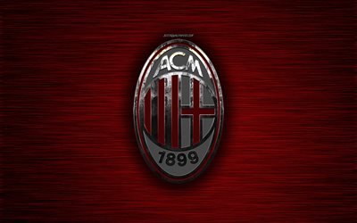 L&#39;AC Milan, l&#39;italien, le club de football, les Rossoneri, rouge m&#233;tal, texture, en m&#233;tal, logo, embl&#232;me, Milan, Italie, Serie A, art cr&#233;atif, football